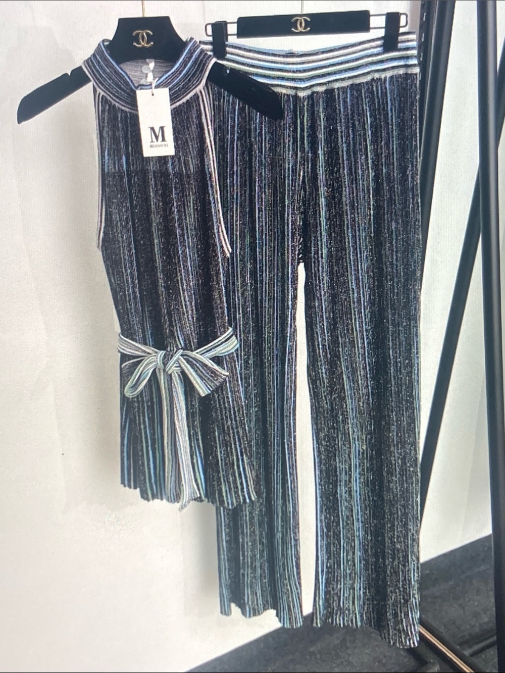 Missoni Women 2 Piece Striped Knit Set Halter Top & Wide Leg Pants Outfit